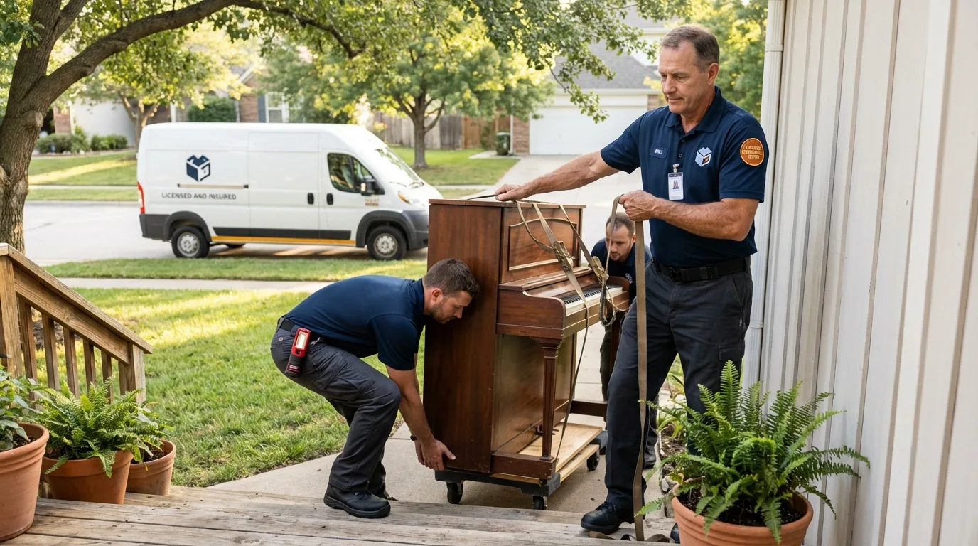 Licensed piano movers securing grand piano in Circleville, OH