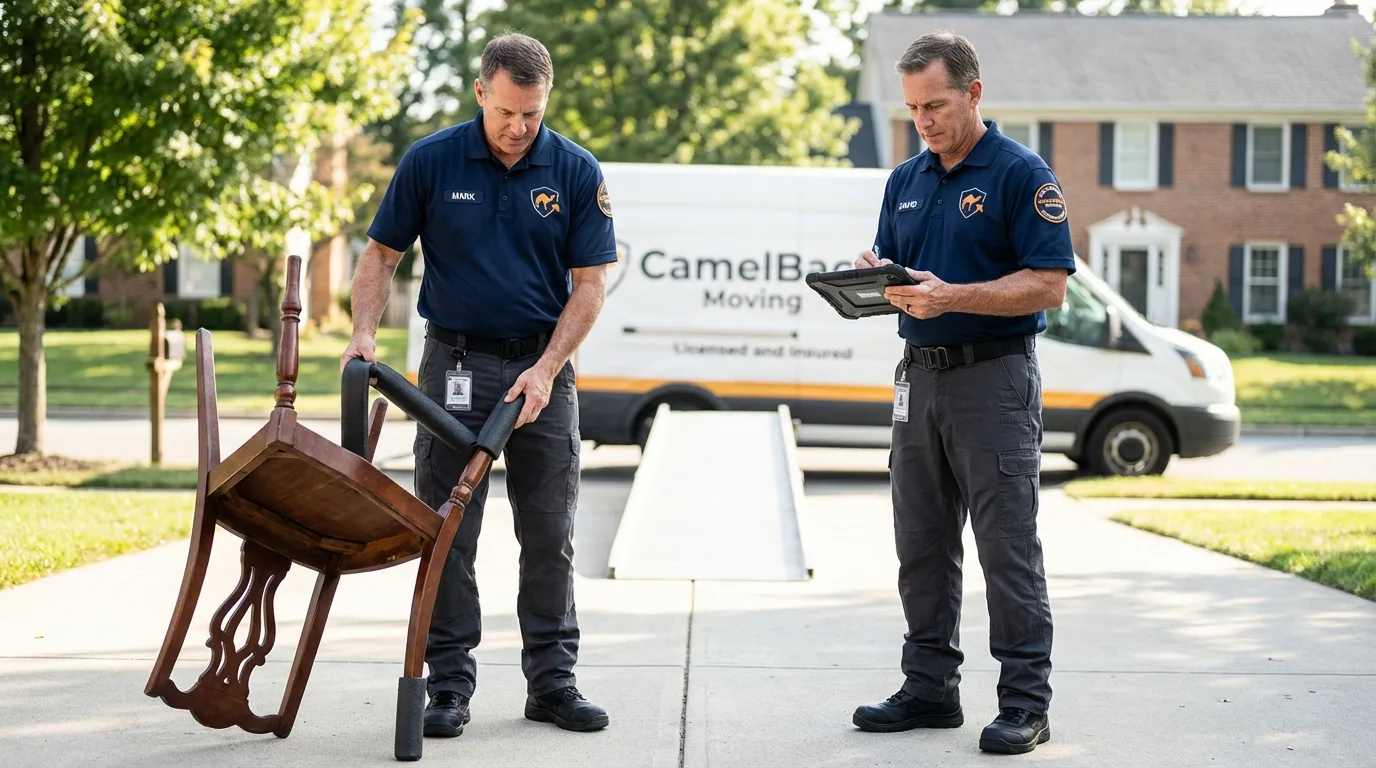 Movers inspecting furniture for damage prevention before loading in Circleville, OH