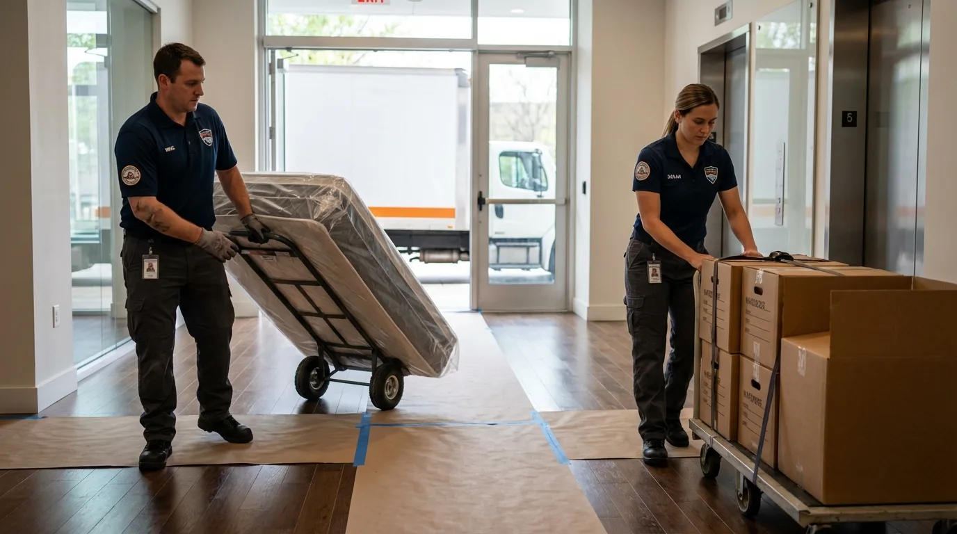 Professional apartment movers loading elevator in Circleville, OH